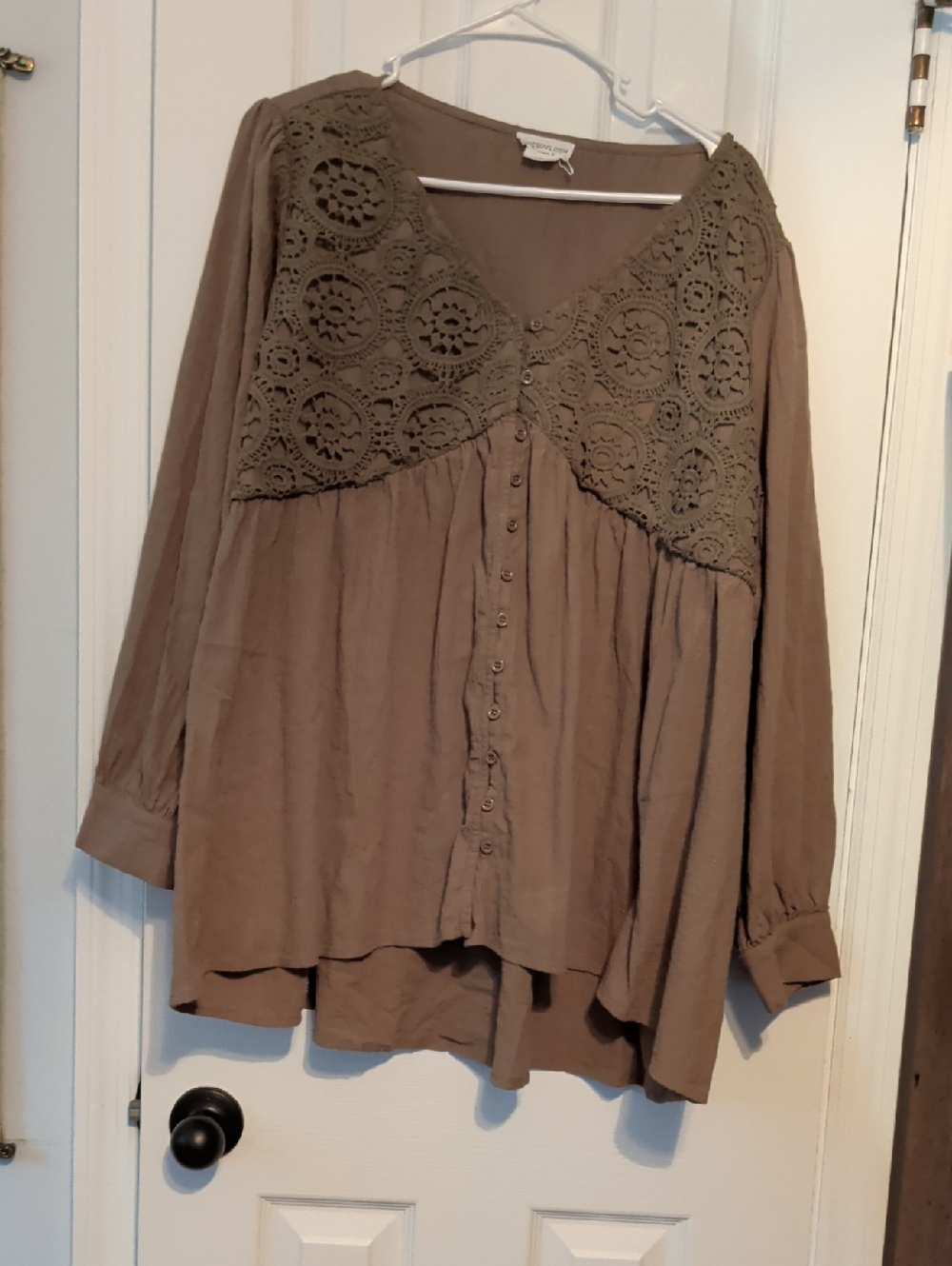 Boho Crochet Yoke Button-Front Blouse - Olive Green Sz 2XL